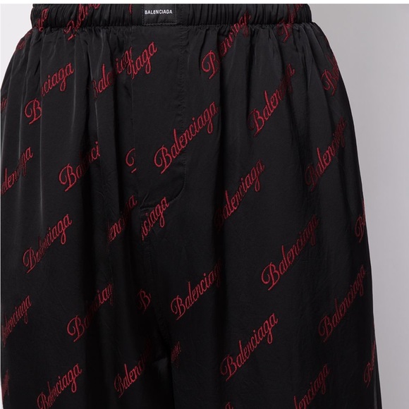 Balenciaga Red Embroidered Diagonal Logo Pajama Pants - Picture 5 of 14